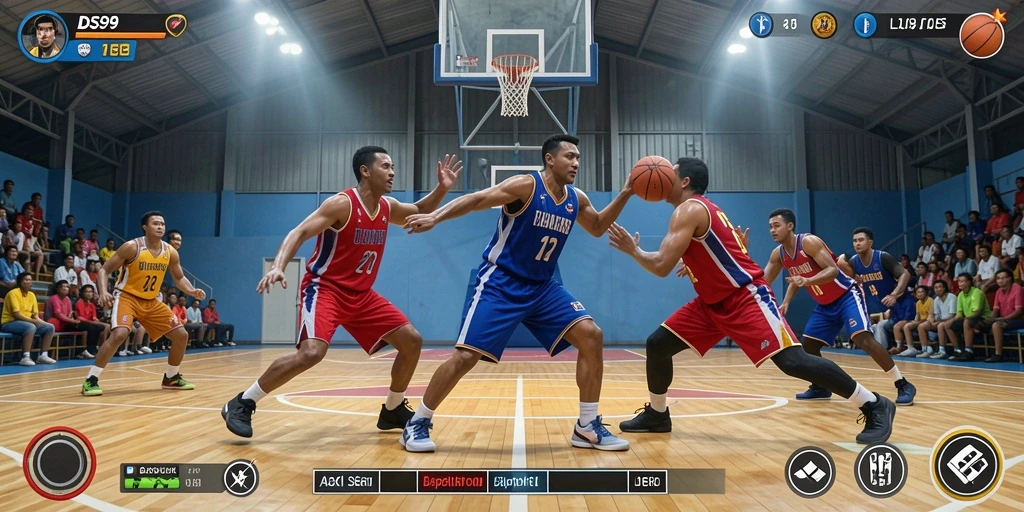 Screenshot utama DS99 menampilkan aksi seru pemain basket.