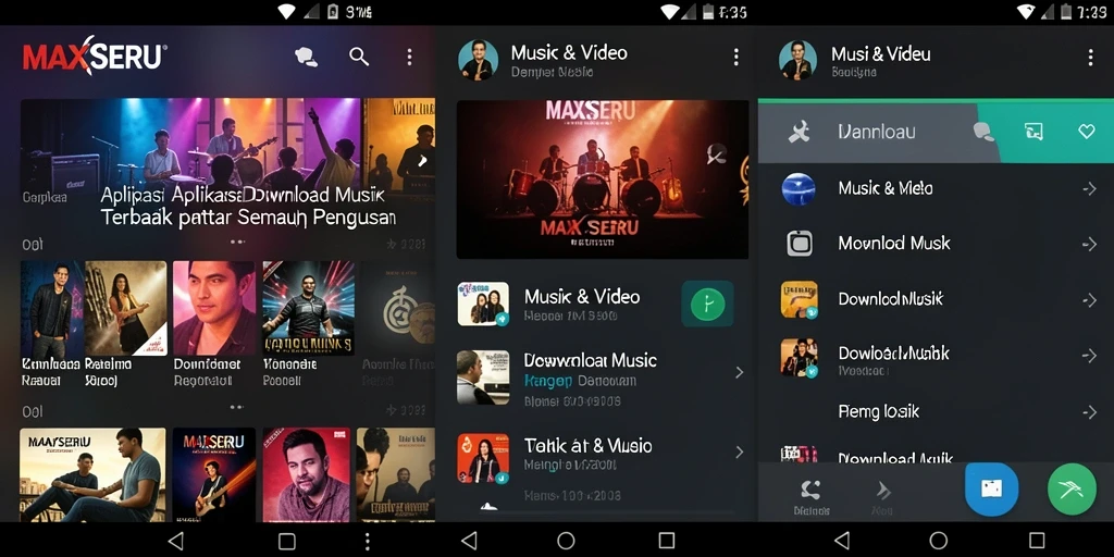Antarmuka aplikasi MAXSERU untuk Download Musik yang modern dan mudah digunakan.